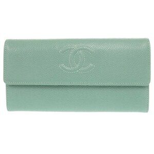 CHANEL Green Caviar Leather Logo Wallet